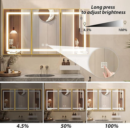 APRILSOUL 48x32 Inch Lighted Bathroom Medicine Cabinet with Mirror, Gold Recessed or Surface Mount Medicine Cabinet Mirror with Storage and LED Lights, 3 Colors Temperature, Dimmable Light