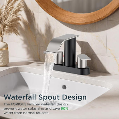 FORIOUS Bathroom Faucet 4 Inch Centerset 2 Hole Black and Brushed Nickel | Waterfall Bathroom Sink Faucet 2 Handles with Pop up Drain and cUPC Hose, Lead-Free, Suitable for RV Vanity Lavatory Restroom