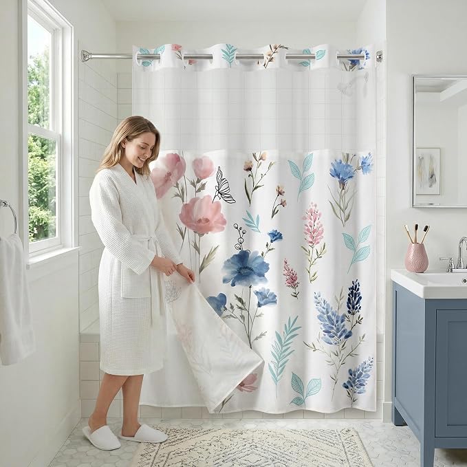 Americanflat 72x75 Hookless Shower Curtain - Water-Resistant Floral Shower Curtain with Sheer Panel, Snap-in Liner, and Grommets - 100% Polyester - Botanical Bathroom Curtains - Pink, Blue and White