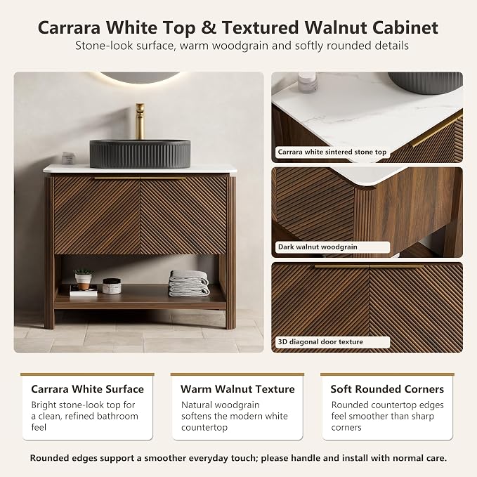 Yayzy 60 Inch Double Sink Bathroom Vanity, Dark Walnut Bathroom Cabinet with Double Matte Black Oval Vessel Sinks, Carrara White Sintered Stone Countertop, Soft Close Doors, Open Storage Shelf