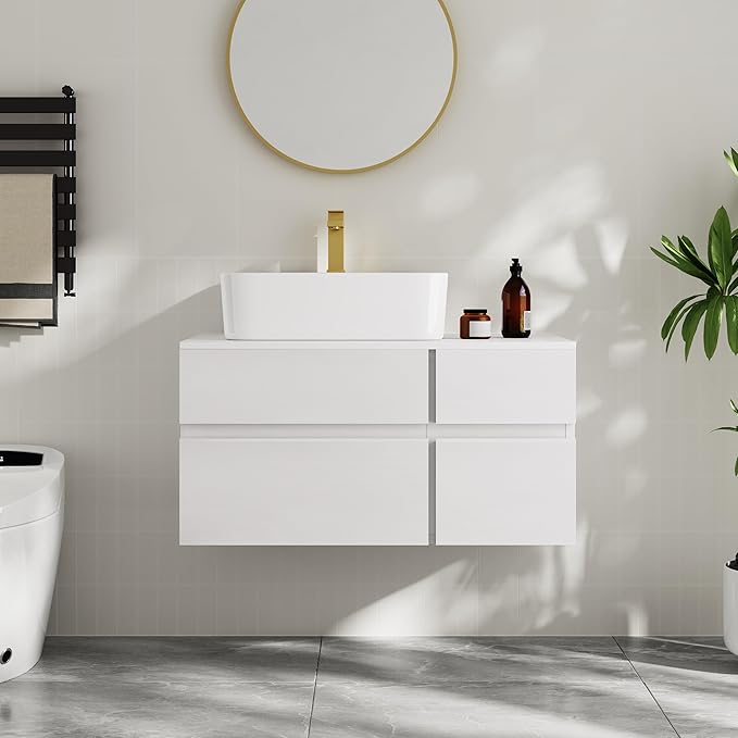 Bathroom Vanity Floating Bathroom Sink Cabinet with Ceramic Vessel Sink Wall Mounted Floating Vanity (White, 31.5W)