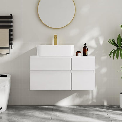 Bathroom Vanity Floating Bathroom Sink Cabinet with Ceramic Vessel Sink Wall Mounted Floating Vanity (White, 31.5W)