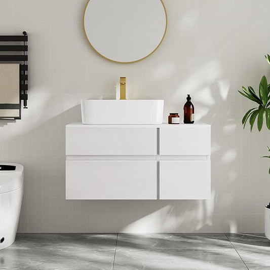 Bathroom Vanity Floating Bathroom Sink Cabinet with Ceramic Vessel Sink Wall Mounted Floating Vanity (White, 31.5W)