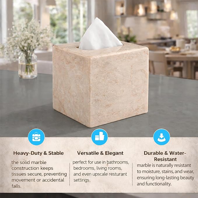 Creative Home Natural Marble Tissue Box Cover, Square Beige Tissue Holder