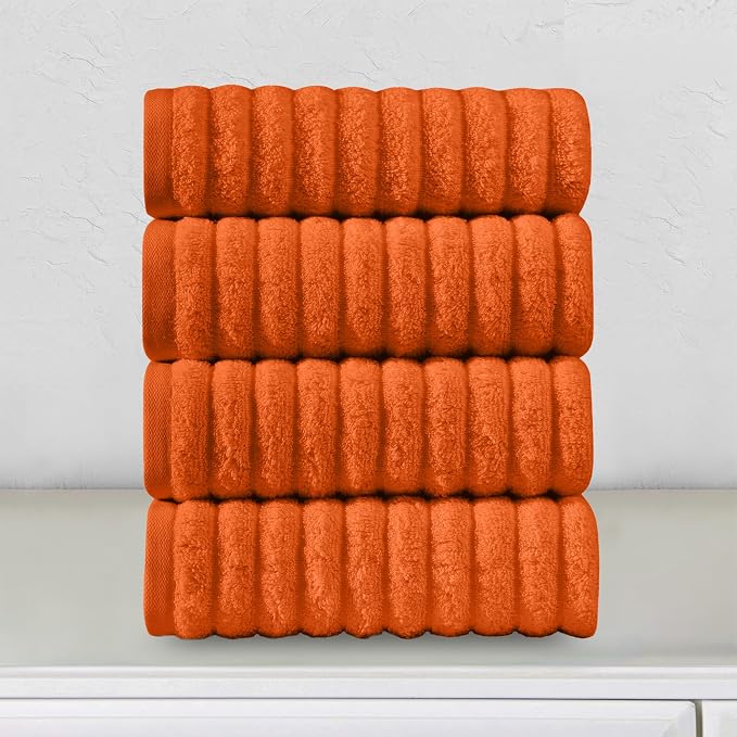 Elegant Comfort Luxury 100% Turkish Cotton Corduroy Ribbed 4 Pack Hand Towel Set 16 x 28 Inch - Absorbent, Super Soft, Quick Dry, Premium Towels for Bathroom, Gym, Spa and Hotel Use, Orange