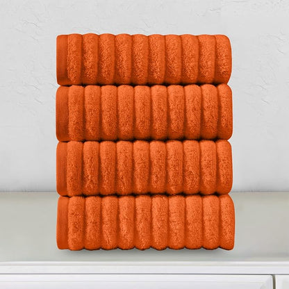 Elegant Comfort Luxury 100% Turkish Cotton Corduroy Ribbed 4 Pack Hand Towel Set 16 x 28 Inch - Absorbent, Super Soft, Quick Dry, Premium Towels for Bathroom, Gym, Spa and Hotel Use, Orange