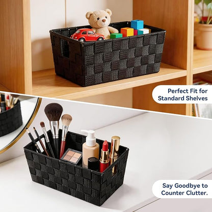 Whitmor Small Woven Storage Baskets for Shelves - Decorative Organizer Bins with Metal Structure, Versatile Shelf Storage Solution for Home Organization & Closet (Black)