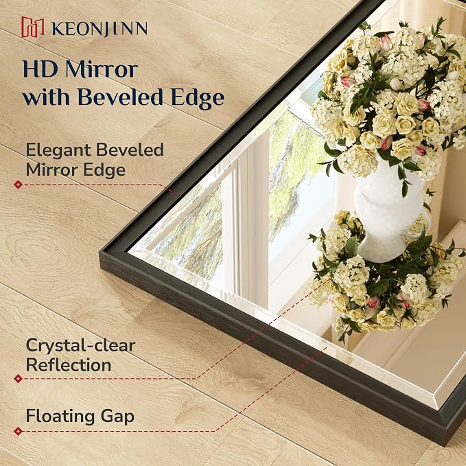 Keonjinn 48" x 24" Black Framed Mirror for Over Sink, Safe Tempered Glass | Aluminum Alloy, Effortless French Cleat Installation, Vertical/Horizontal, Rectangle Wall Mirror for Bathroom, Hallway Decor