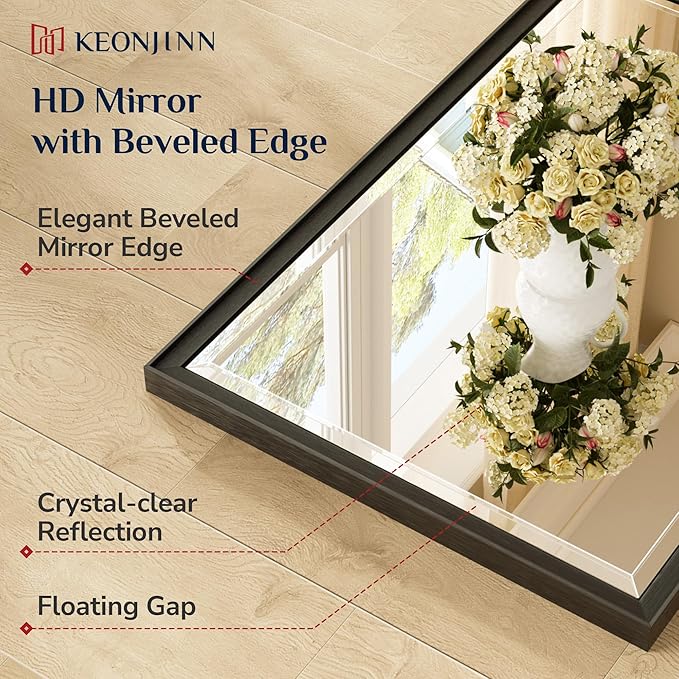 Keonjinn 42" x 36" Black Bathroom Vanity Mirror, Aluminum Alloy Frame | HD Tempered Glass with Beveled Edge, Secure French Cleat, Rectangular Wall Mirror for Over Sink, Hallway, Living Room Decor