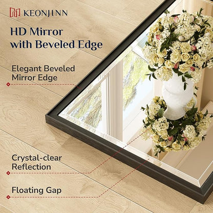 Keonjinn 42" x 36" Black Bathroom Vanity Mirror, Aluminum Alloy Frame | HD Tempered Glass with Beveled Edge, Secure French Cleat, Rectangular Wall Mirror for Over Sink, Hallway, Living Room Decor