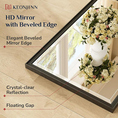 Keonjinn Black Framed Bathroom Mirrors for Over Sink 20" x 30", Aluminum | Safe Tempered Glass, Effortless French Cleat Installation, Clear Reflection, Modern Farmhouse, Black Vanity Mirror for Wall