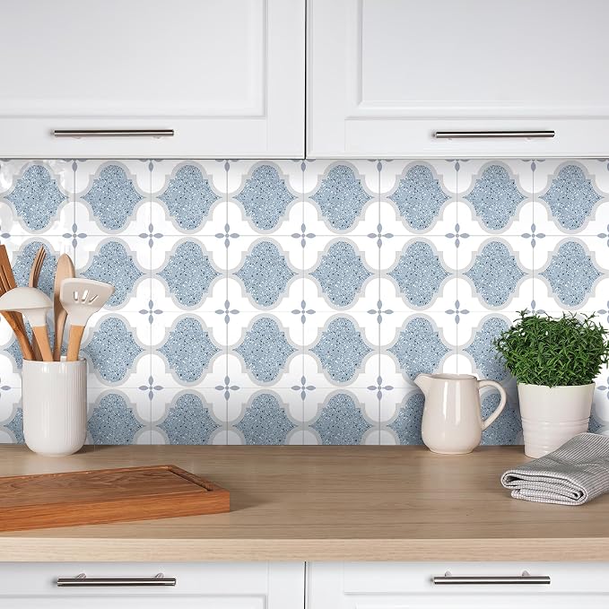 Peel & Stick Tile Stickers 12 PCS Self Adhesive Backsplash Decorative Wall Stickers for Kitchen Bathroom Tile Decals Waterproof & Removable 6" x 6" Blue Terrazzo