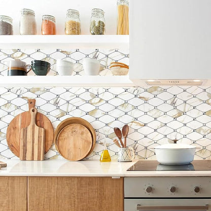 STICKGOO 10 Sheets Peel and Stick Backsplash, Calacatta Golden Stick on Mosaic Tiles for Kitchen Wall Decor, Self Adhesive Long Hexagon PVC Tile Kitchen Backsplash