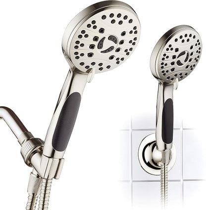 High Pressure 6-setting Luxury Handheld Shower Head – 6 Foot Stainless Steel Hose – Anti Clog Jets – Anti Slip Grip – All Brushed Nickel Finish – Top US Brand – Includes Extra Wall Bracket