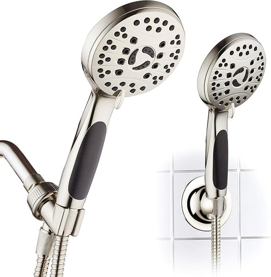 High Pressure 6-setting Luxury Handheld Shower Head – 6 Foot Stainless Steel Hose – Anti Clog Jets – Anti Slip Grip – All Brushed Nickel Finish – Top US Brand – Includes Extra Wall Bracket