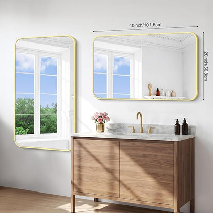 BONEWEI Gold Bathroom Mirror,24x40 inch Wall Mirror for Bathroom Wall Mounted,Round Rectangle Mirror for Bathroom Over Sink,Modern Frame for Home Decor Living Room,Bedroom Entryway,Horizontal/Vertical