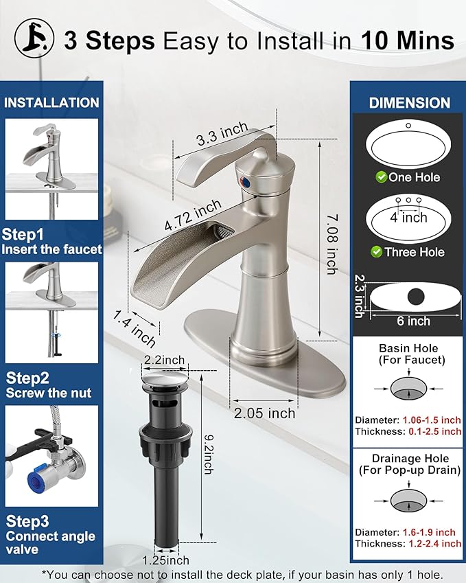 Brass Waterfall Bathroom Faucets Brushed Nickel, Single Hole Bathroom Faucet, 4 Inch 3 Hole Bathroom Sink Faucet Single Handle with Deck Plate, Pop-up Drain and Supply Hoses