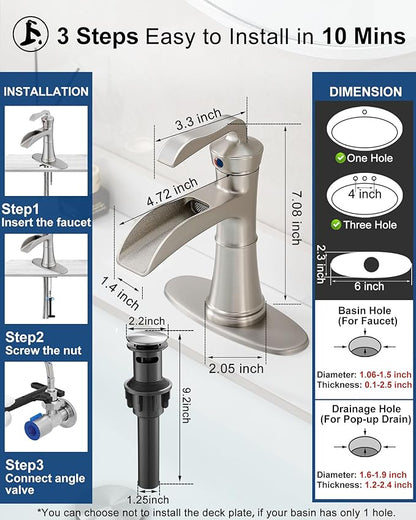 Brass Waterfall Bathroom Faucets Brushed Nickel, Single Hole Bathroom Faucet, 4 Inch 3 Hole Bathroom Sink Faucet Single Handle with Deck Plate, Pop-up Drain and Supply Hoses