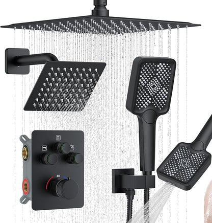 KOJOX Matte Black Thermostatic Shower System, Push Button Diverter Shower Faucet Set with 12" Ceiling Mount Rain Shower, 6" Wall Mount Shower Head, and 4-in-1 Handheld Spray