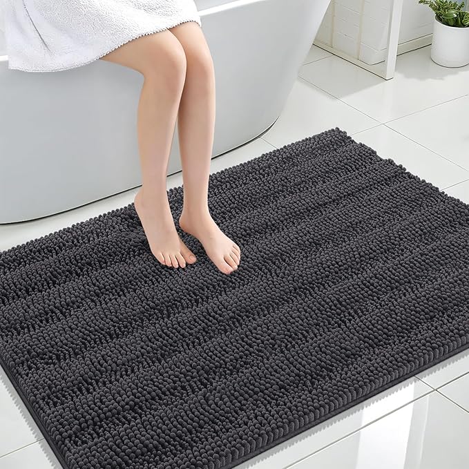 OLANLY Thick Large Bathroom Rugs 44x32, Soft Chenille Bath Rugs, Dark Grey | Absorbent Striped, Rubber Backing, Machine Wash Dry, Bath Mats for Bathroom Floor, Tub and Shower, Home Decor Accessories