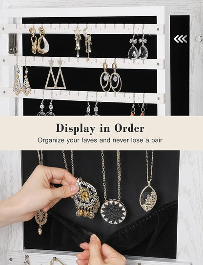 Nicetree 360° Swivel Jewelry Cabinet with Lights, Full Length Mirror, Lock | Standing Mirror Jewelry Cabinet, Lockable Mirror with Storage, Lighted Interior Mirror, Shelves, Flip-over Shelf, Grain White