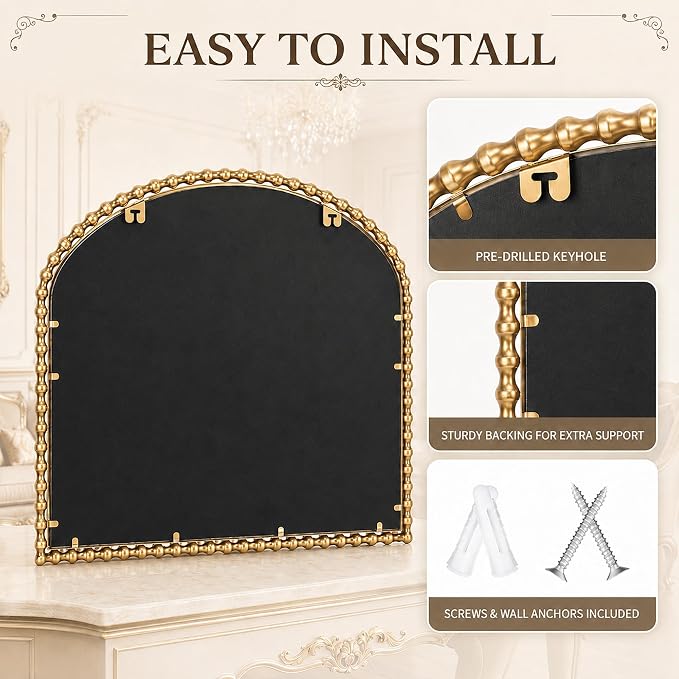 36"x28" Wide Arched Wall Mirror, Antique Gold Bold Beaded Frame | Large statement mirror for fireplace mantel, vintage decorative horizontal wall mount for entryway, living room, bathroom