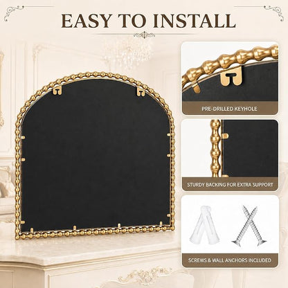 36"x28" Wide Arched Wall Mirror, Antique Gold Bold Beaded Frame | Large statement mirror for fireplace mantel, vintage decorative horizontal wall mount for entryway, living room, bathroom