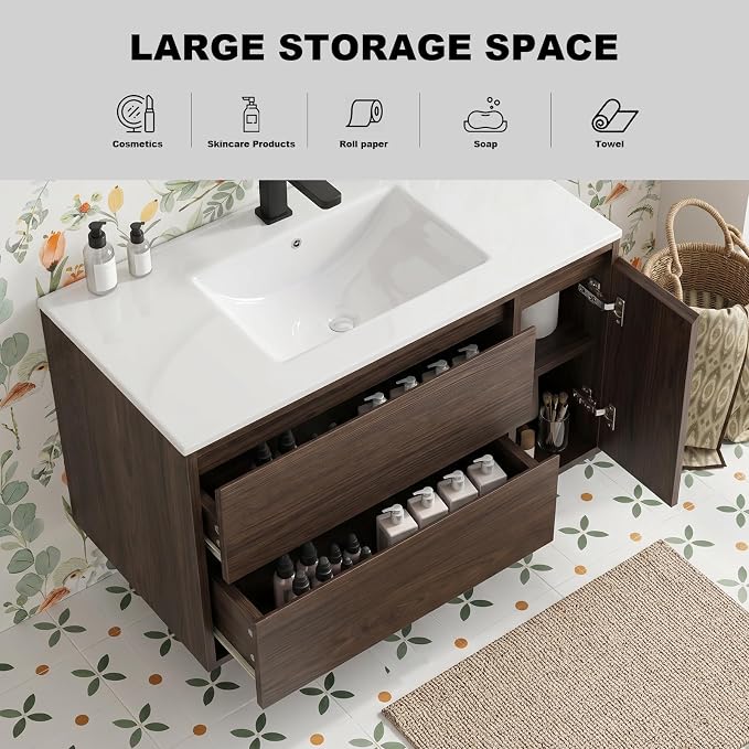 84 Inch Modern Floating Double Sink Bathroom Vanity, Wall-Mounted with Seamless Ceramic Top, Rounded Corners, Full-Extension Soft-Close Drawers & Concealed Drainage, White