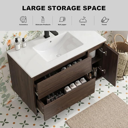 84 Modern Floating Double Sink Bathroom Vanity, Wall-Mounted with Seamless Ceramic Top, Rounded Corners, Full-Extension Soft-Close Drawers & Concealed Drainage (Wood color, 84 inch)