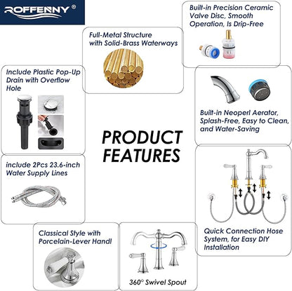Porcelain 2-Handle Chrome Bathroom Faucets 8 inch Widespread for 3 Holes with Plastic Pop-Up Drain & 2Pcs Water Supply Lines, Classic Chrome Bathroom Vanity Sink Faucet, Brass Swivel Spout