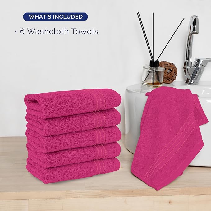 Elegant Comfort Premium Turkish Cotton 6 Pack Washcloths Set - 13 x 13 inch, Luxurious Hotel Spa Quality 100% Turkish Cotton 6PC Washcloth Set - Highly Absorbent - Soft Bathroom Towels, Hot Pink
