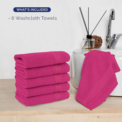 Elegant Comfort Premium Turkish Cotton 6 Pack Washcloths Set - 13 x 13 inch, Luxurious Hotel Spa Quality 100% Turkish Cotton 6PC Washcloth Set - Highly Absorbent - Soft Bathroom Towels, Hot Pink