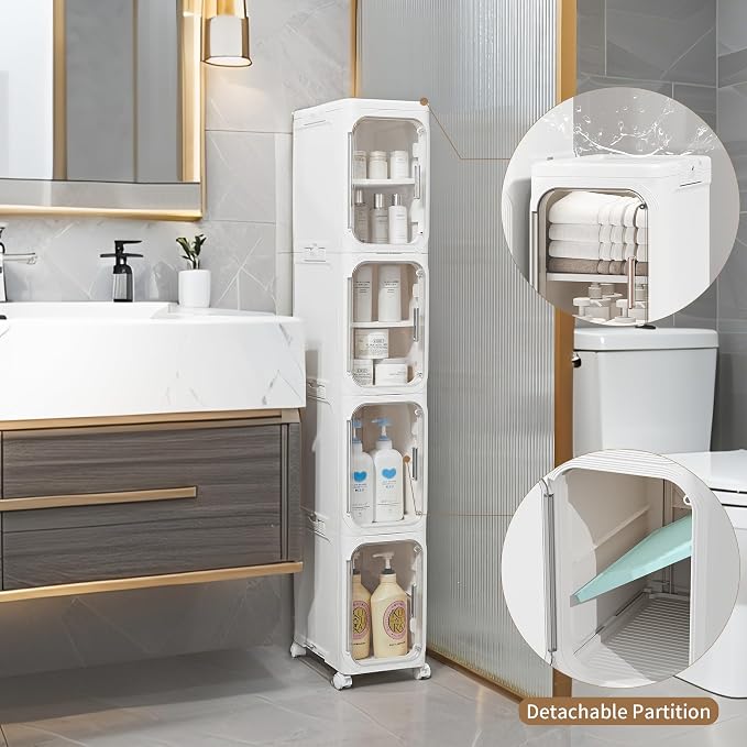 5-Tier Narrow Storage Cabinet Slim Bathroom Tall Skinny Organizer | Movable Slim Storage Cabinet with Lockable Rolling Wheels Adjustable Detachable Shelves Snap Assembly for Small Spaces,White