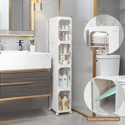 5-Tier Narrow Storage Cabinet Slim Bathroom Tall Skinny Organizer | Movable Slim Storage Cabinet with Lockable Rolling Wheels Adjustable Detachable Shelves Snap Assembly for Small Spaces,White