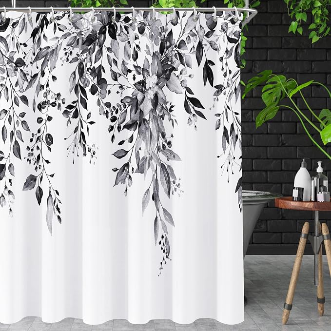 Shower Curtain Black and White Shower Curtains for Bathroom,Watercolor Leaf Shower Curtain Sets Waterproof Plant Eucalyptus Shower Curtain Leaves Bathroom Curtains 72x72 in with Hooks