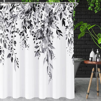 Shower Curtain Black and White Shower Curtains for Bathroom,Watercolor Leaf Shower Curtain Sets Waterproof Plant Eucalyptus Shower Curtain Leaves Bathroom Curtains 72x72 in with Hooks