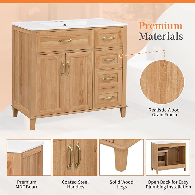 36 Inch Bathroom Vanities with Undermount Ceramic Sink, Storage Cabinet with Soft Closing Doors and Three Drawers, Solid Wood Frame, Natural Wood