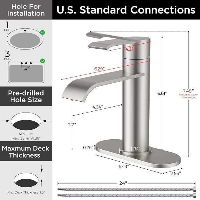FORIOUS Single Hole Brushed Nickel Bathroom Faucet Waterfall, Commercial | FORIOUS 1 Hole Bathroom Faucet Brushed Nickel, One Hole Waterfall Bathroom Sink Faucet for RV with Cover Plate and Pop Drain