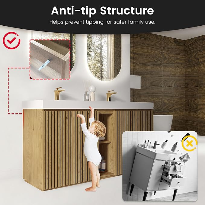 60" Bathroom Vanity with Double Sink, Freestanding Double Sink Bathroom Vanity with White Engineered Stone Top, Open Storage Cabinet & Adjustable Shelf, 4 Soft-Closing Doors, Light Oak