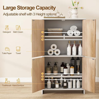 Bathroom Storage Cabinet, Floor Cabinet with 4 Fluted Doors and 2 Adjustable Shelves Wooden Tall Freestanding Organizers and Storage,White