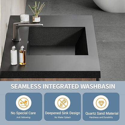 60'' Floating Bathroom Vanity with Sink Combo, Modern Wall-Mounted Striped Bathroom Storage Cabinet with Soft-Close Drawers and Double Quartz Sand Basins, No Assembly Required