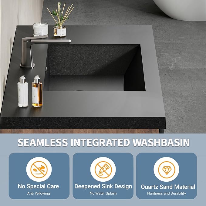 42'' Floating Striped Bathroom Vanity with Sink Combo, No Assembly Required | Modern Wall-Mounted Bathroom Storage Cabinet with Soft-Close Drawer and Black Quartz Sand Basin