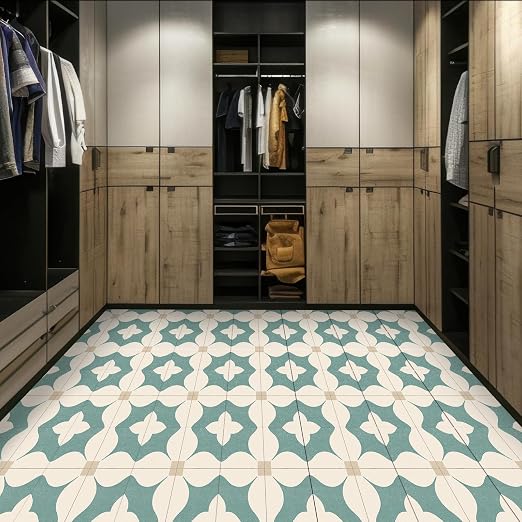 Teal Beige Geometric Peel and Stick Floor Tiles 12x12 Inch 10PCS | Teal beige cream minimalist geometric flower pattern vinyl floor stickers for kitchen bathroom entryway and indoor home decor