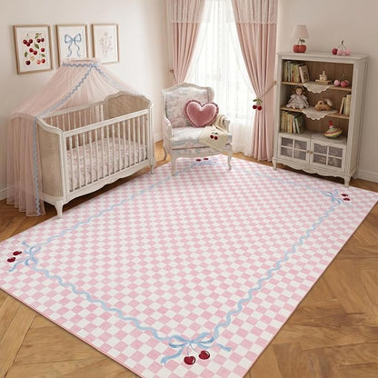 Garvee Washable Coquette 9x12 Living Room Rug Blush Pink Checkered Cherry | Non Slip Soft Large Bedroom Rugs Farmhouse Low Pile Foldable Stain Resistant Carpet for Nursery Grils Room Classroom