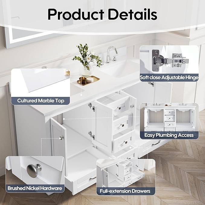 WELLFOR 60" Bathroom Vanity with Double Sinks, Bathroom Freestanding Vanity W/4 Soft-Close Doors and 6 Drawers, Large Storage Space Vanity, Engineered Stone Countertop Bathroom Vanity with Sink, White