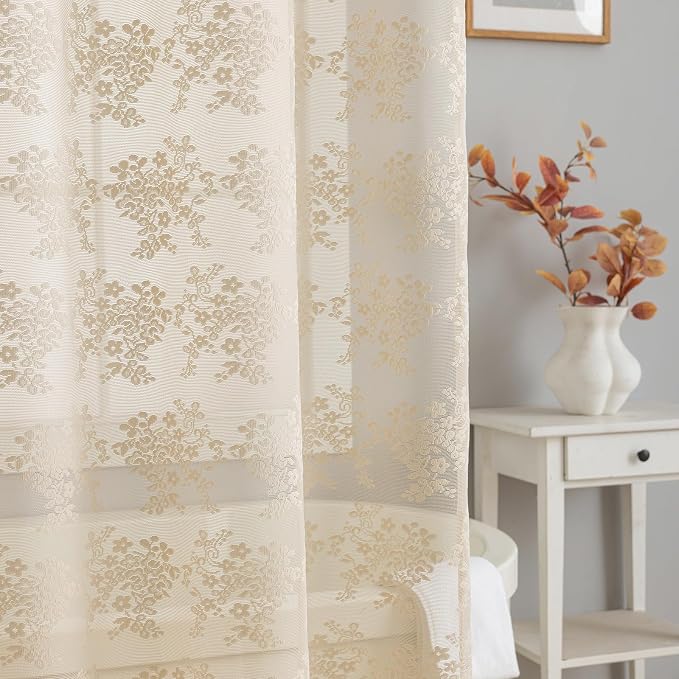 TUDECO Beige Lace Shower Curtain with Attached Valance, 72 x 72 Inch | Antique Vintage, Floral Pattern, Tan Bathroom Curtain, Scalloped Edges, Light Filtering, Soft Privacy, Reinforced Holes