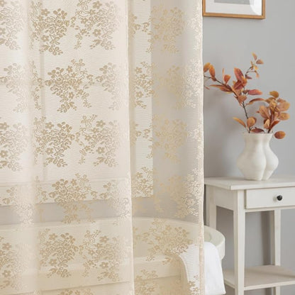 TUDECO Beige Lace Shower Curtain with Attached Valance, 72 x 72 Inch | Antique Vintage, Floral Pattern, Tan Bathroom Curtain, Scalloped Edges, Light Filtering, Soft Privacy, Reinforced Holes