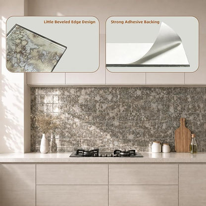 20PCS Peel and Stick Backsplash, 3"x 9" Antique Mirror Glass Tile(Rust) | Self-Adhesive Subway Tile, Backsplash Tile for Kitchen/Bathroom/Living Room