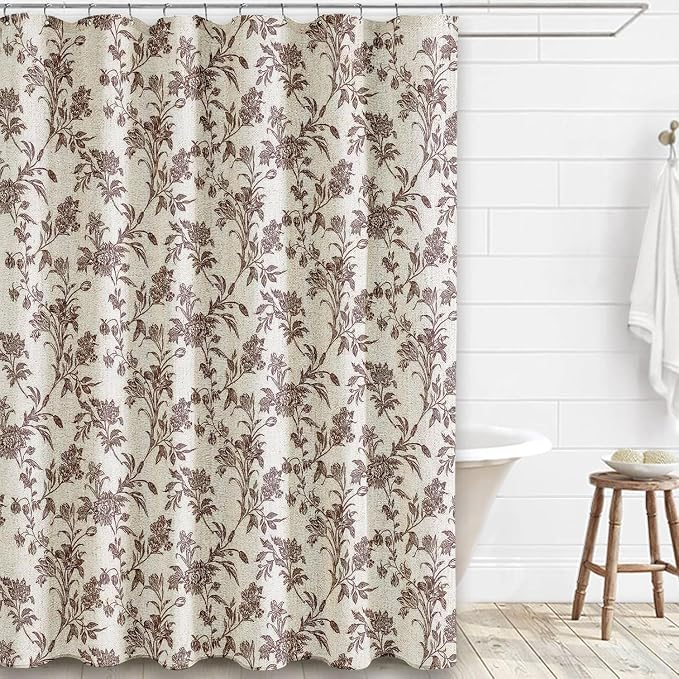 WOUVMA Extra Long Brown Shower Curtain Floral Cotton Linen Cottagecore Shower Curtain for Bathroom 96" L x 72" W