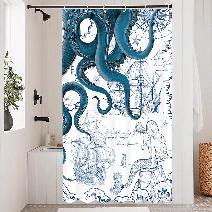 Fungarth Stall Blue Nautical Octopus Shower Curtain Navy Mermaid Funny Ocean Kraken Shower Curtains for Bathroom Cool Anchor Coastal Map Waterproof Fabric Bath Curtain Decor (Blue, 36” x 72”)